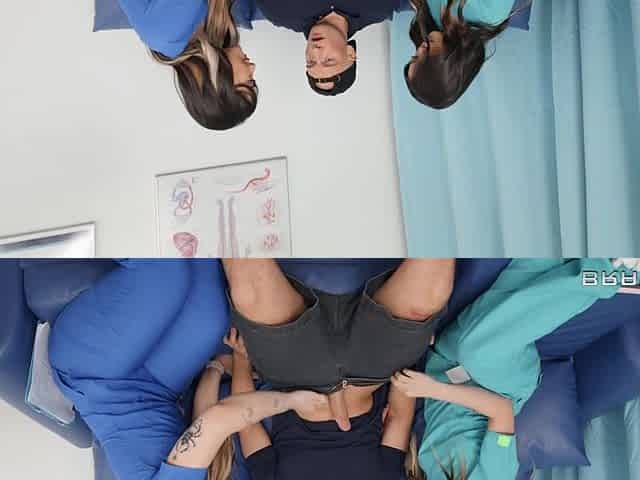 Nurses Aria Lee and Lulu Chu are sucking Zac Wild's cock