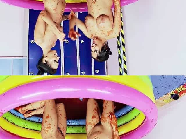 Brunette Lesbians Jump In A Pool With Food To Wrestle And Their Big Tits