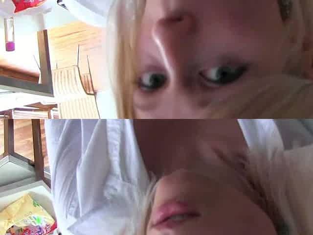 Blonde teen gives handjob and blowjob