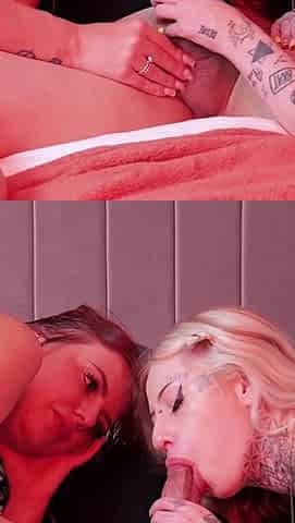 Guy with a Big Cock Gets Two Horny Sluts with Tattoos to Wear Pantyhose in a FFM Threesome