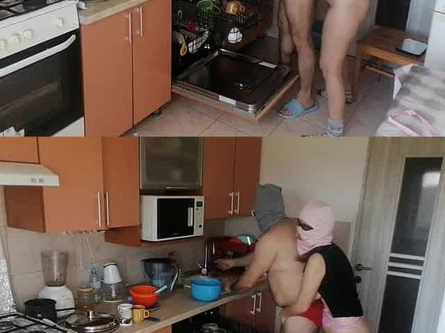 Couple Having Fun in the Kitchen. Sexy Wife Doing Chores in the House Naked