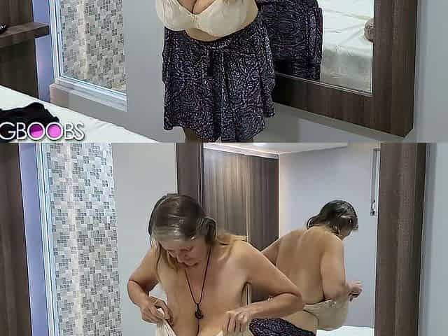 Unshaved nudist with large melons voyeur