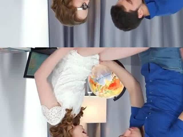 Brunette teen gives him a deep blowjob