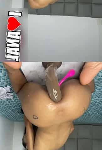 Skinny girl wrecks her asshole with a huge dildo; a horny, insatiable slut.