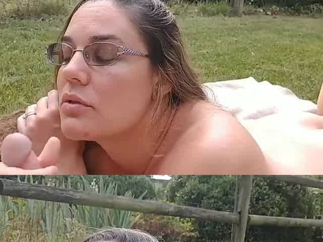 Busty MILF with nice ass is riding her boyfriend's big cock in an open backyard