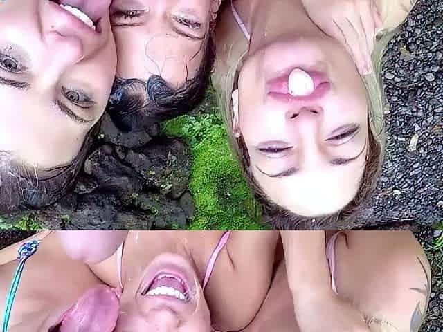 Adriana Chechik Doing A Risky Rain Triple Blowjob With