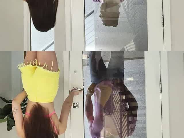 Petite brunette Liz Jordan shows her ass in thong shorts