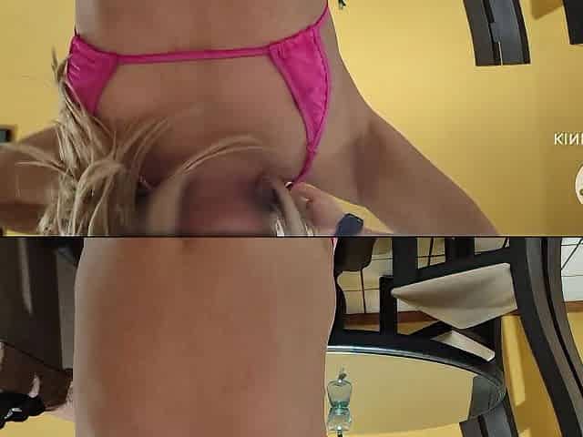 Sissy in pink micro bikini booty chugging 1l of beer in your table