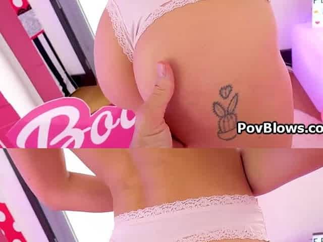 Blond hair girl shows round ass then suck penis
