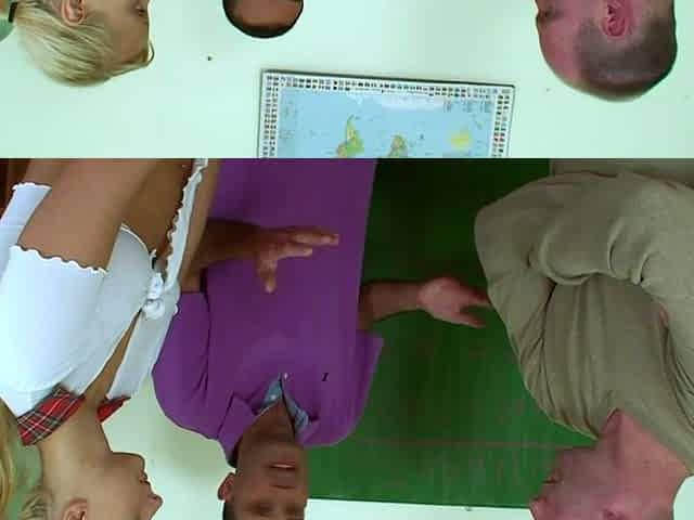 Blond student gives 2 teachers head and bangs 'em until they cum