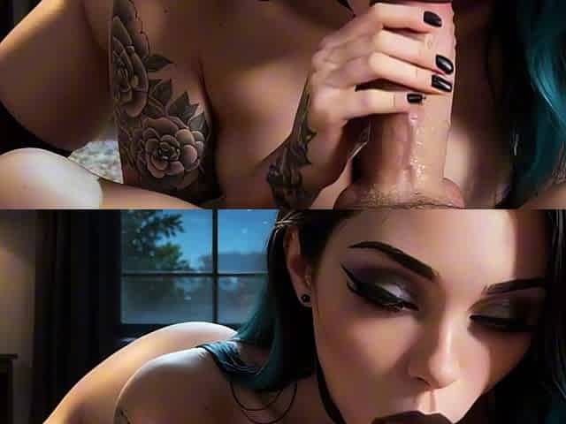 Sexy AI goth babe takes a dripping facial on casting couch