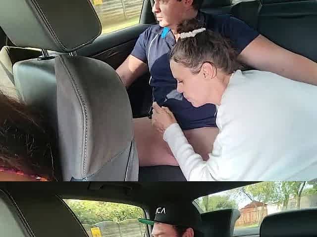 Cutie gives dude a SLOPPY ORAL in the back seat of moving car