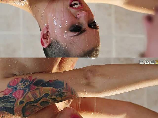 Bald headed tattooed slut pussy and ass fucked by two guys