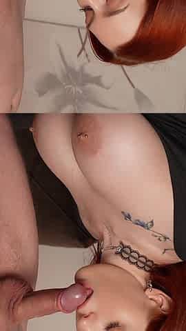 Redhead with Huge Tits Does a Slobbery Deep Throat and Gets a Huge Facial