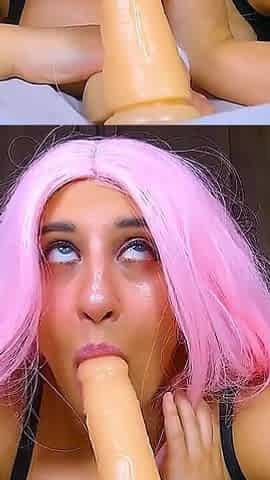 POV Pink Hair E-girl Slut Does Ahegao Face & Gags Hard While Giving Sloppy Blowjob to Huge Dildo