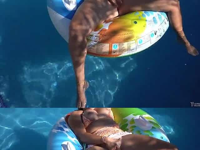 Enjoyment in the pool with breasty blond wife