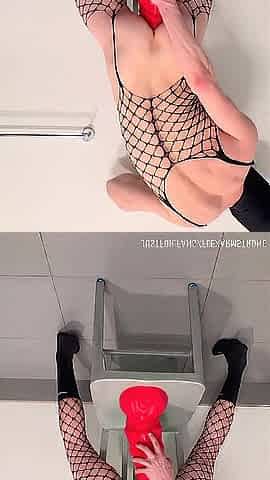 femboy in fishnets with huge twenty inch sex toy abdomen bulging playing with my teats and PA