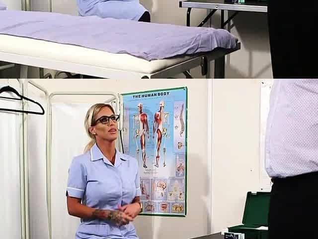 Stunning doctor voyeur teasing a wanker