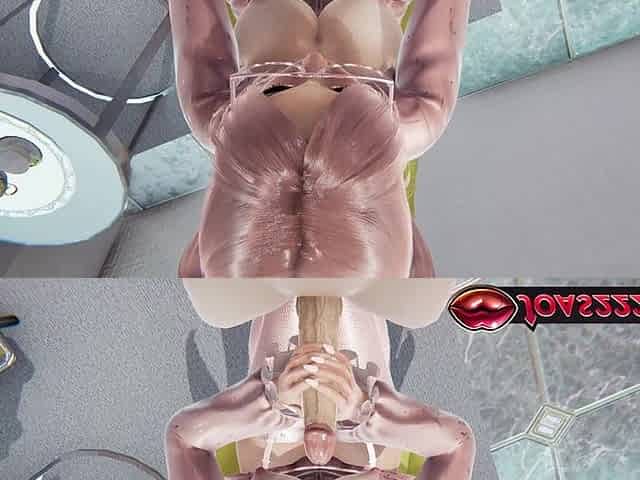 Carola Anime Girl with Big Tits in Pink Hentai Animation - Sitting Handjob for Big Dick, Only Tongue Glans Licking, Top Titjob