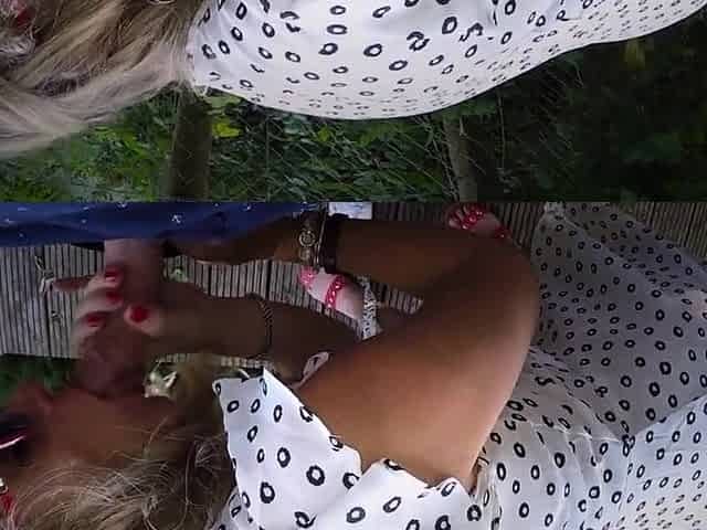 Blonde beauty sucks and strokes my cock outdoors, taking a f