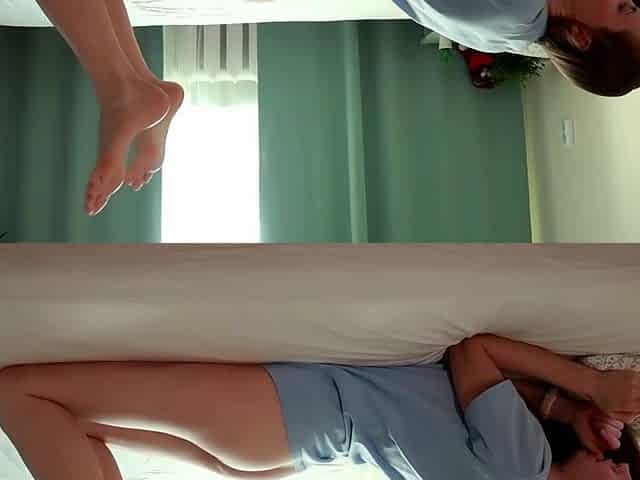 Skinny girl sucks me off, teases my cock with her feet and gets banged doggystyle