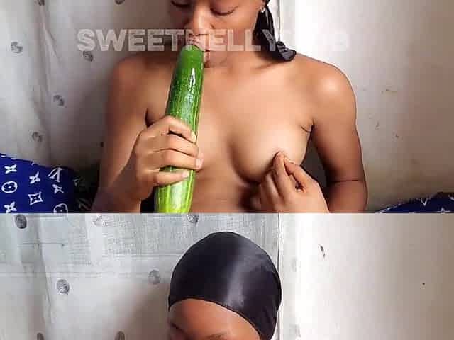 Large Cucumber: eighteen Year old Nelly squirts using large Cucumber