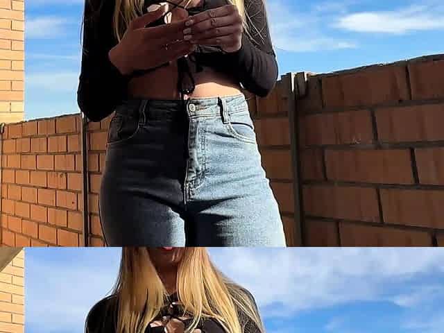 Step sister smokes on the balcony, takes off her jeans and