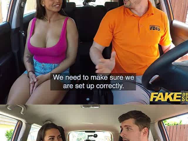 Fake Driving School Chloe Lamour gets her large breasts out