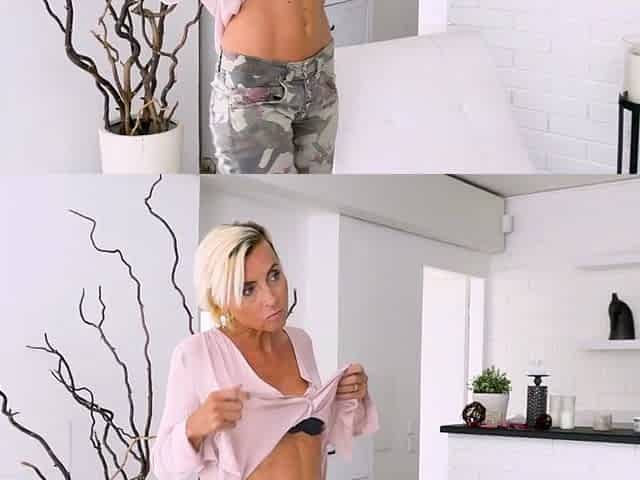 Skinny mature Sunny strips off her clothes