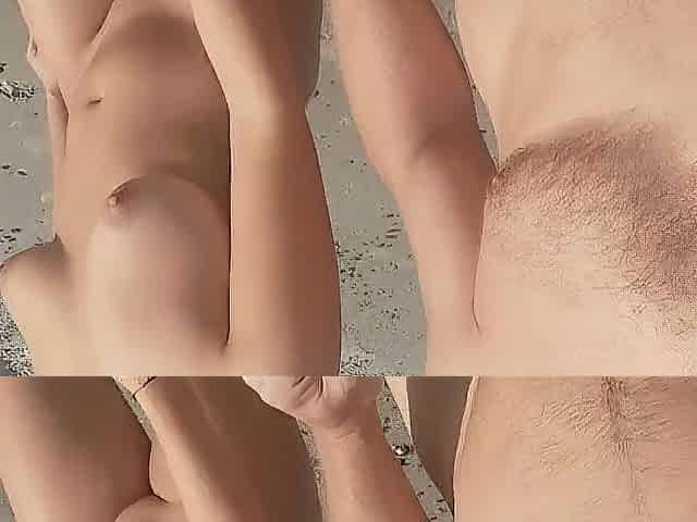 stepfather and stepdaughter walk in nature's garb on a public beach