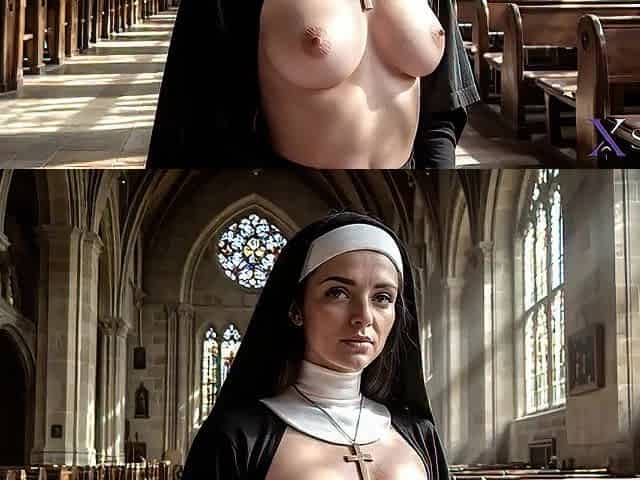 An old nun gave herself to a youthful monk and allowed him to cum inside her [AI]