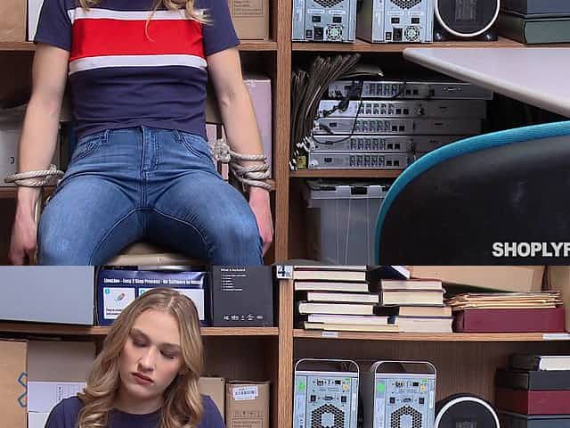 Blonde teen Kasey Miller bent over a desk and fucked rough