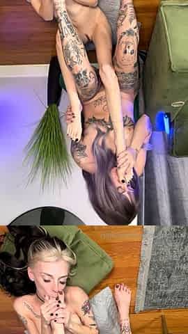 Blonde fetish lesbians fist themselves in hi definition