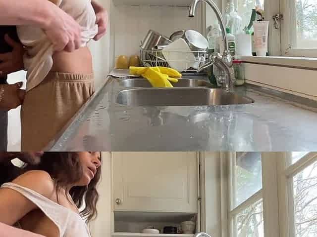 Horny Wife Gets Fucked in the Kitchen While Doing the Dishes
