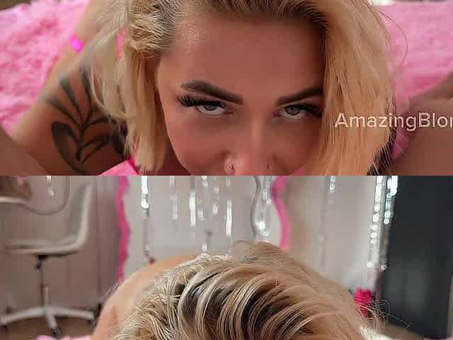 POV AmazingBlonde with large breasts gives vehement blow job