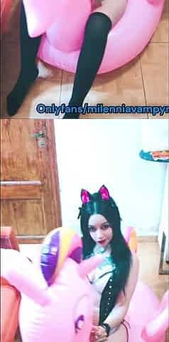 Cosplay cutie has pleasure with a pink inflatable unicorn