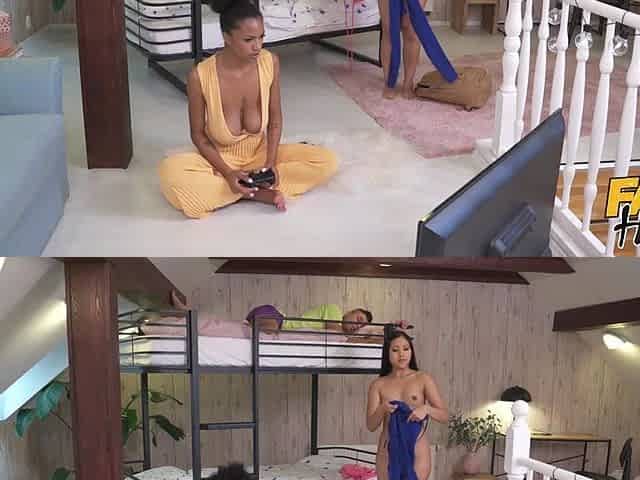 Hot interracial threesome. Cute asian and ebony chicks enjoy a big cock