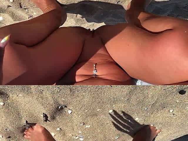 Exposed wife pees in public on Undressed beach - rate my moist wicked twat! Pee close up