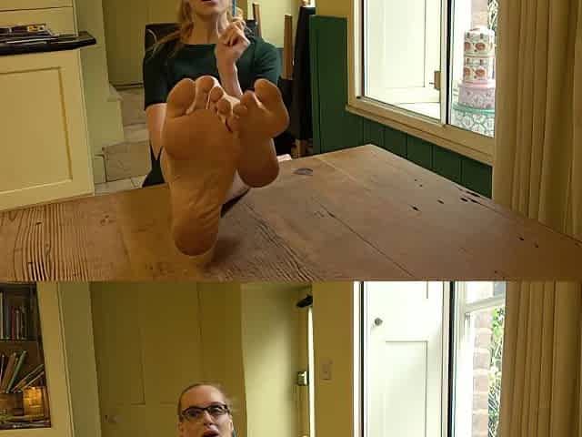 Cute British Housewife Showcasing Her Mature Feet On Dining Table