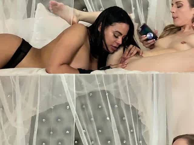 Blond and brunette lesbians licking pussy