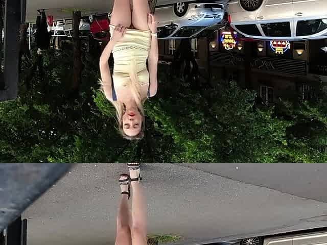 Perverted public slut walk. Upskirt, no panties, flashing