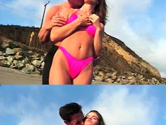 Amazing busty brunette slut doing blowjob outdoor