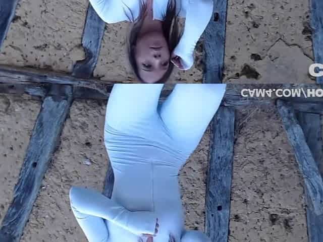Solo teen does yoga naked outdoors then toys her pussy