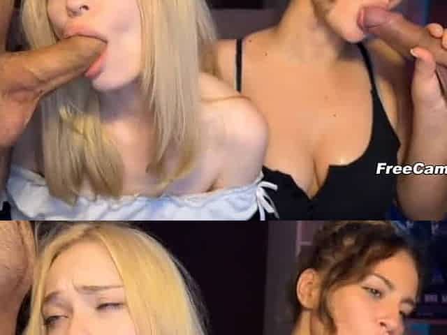 Two Slutty Babes Sucking Cock Side by Side