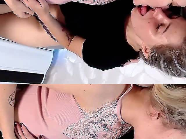 blonde sisters play with each other for the camera