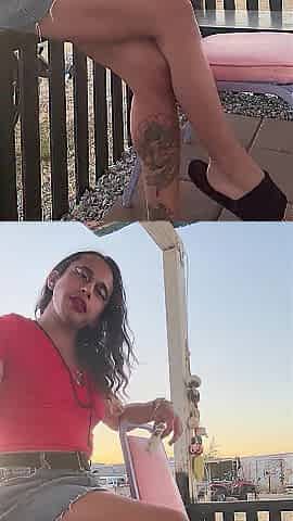 Red Sexy Stepmom Outdoors Cumming in Hand