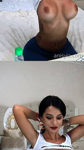Busty curly brunette with big boobs fucks on couch
