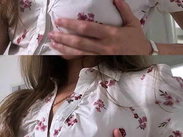 Busty curly brunette with big boobs fucks on couch