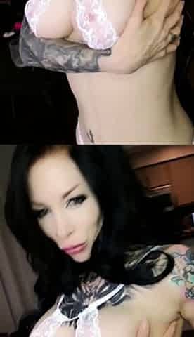 Busty curly brunette with big boobs fucks on couch