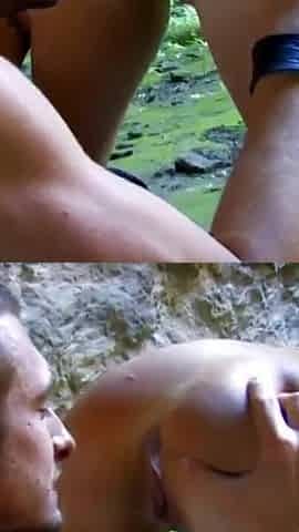 Adorable brunette slut ass fucking her man in the beach cave